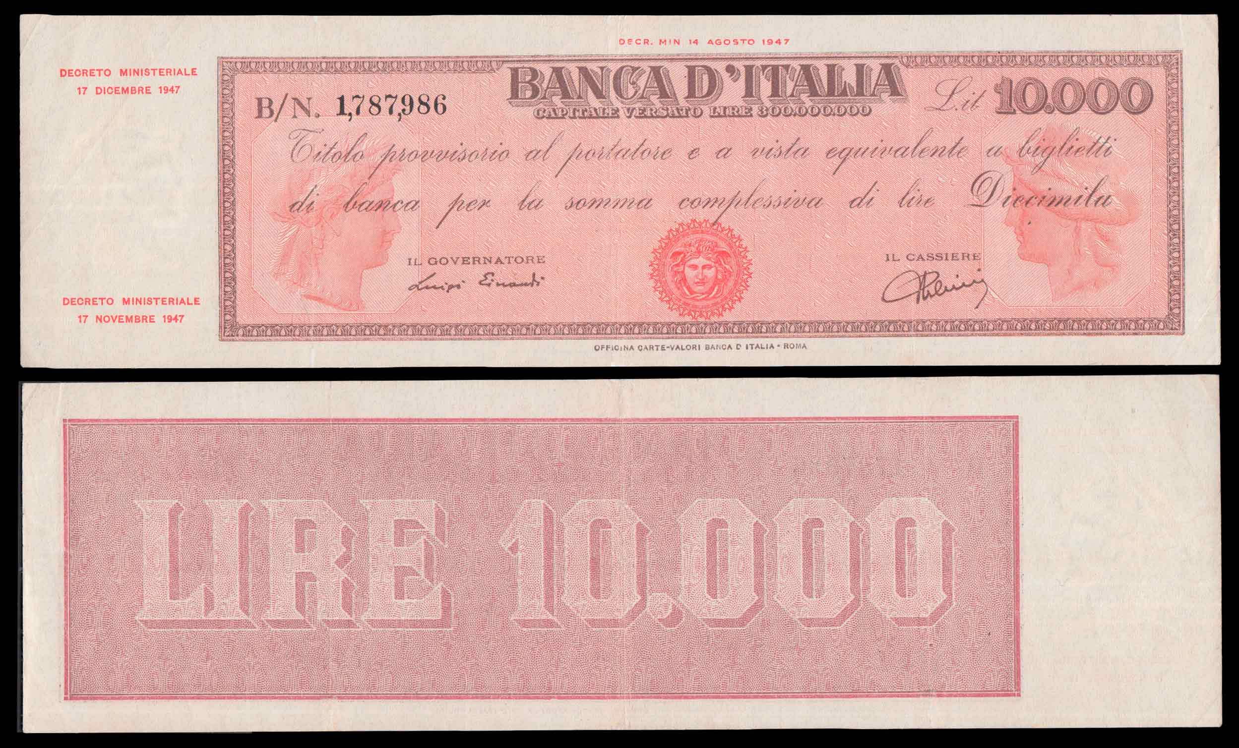 1947 - Lire 10.000 Titolo Provvisorio D.M. 17-12-1947 Medusa  B.I. 820 Spl