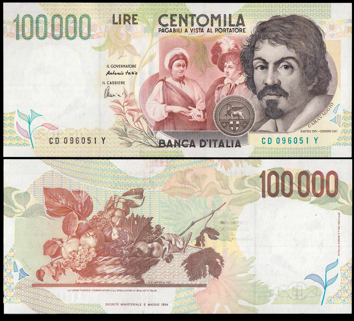 1990 - Lire 100.000 Caravaggio 2° Tipo Lett. D Fior di Stampa