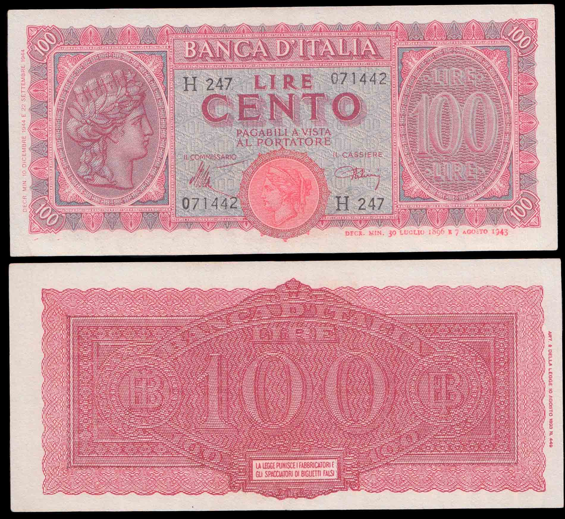 1944 - ITALIA 100 Lire Luogotenenza Stupenda+