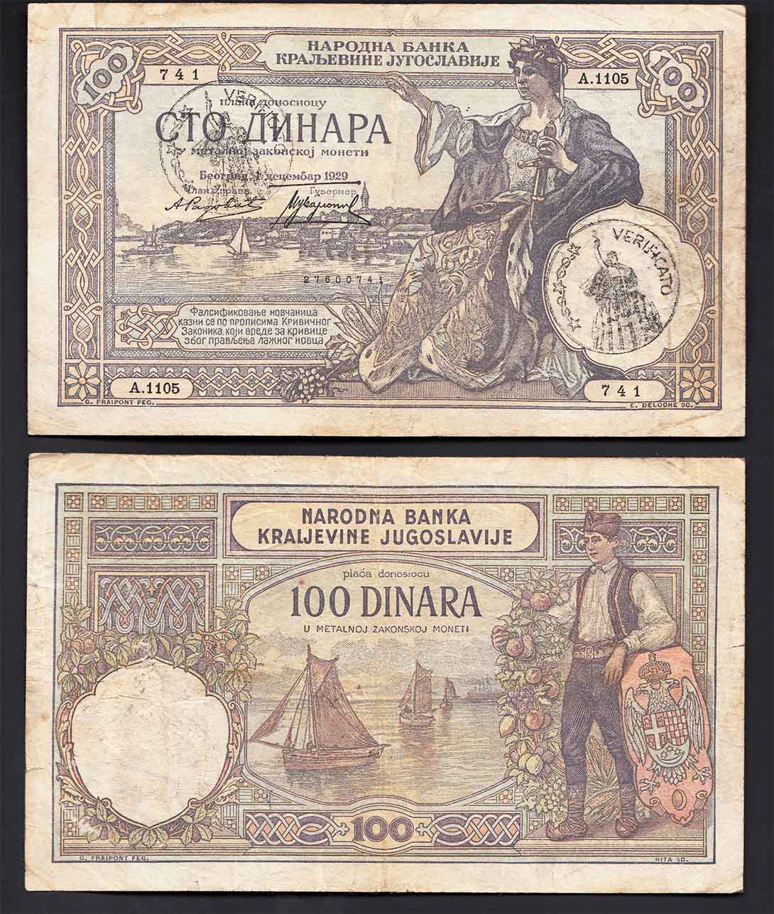 100 Dinari 1929 Montenegro con Timbro Verificato 1941 Occupazione Italiana Molto Bella