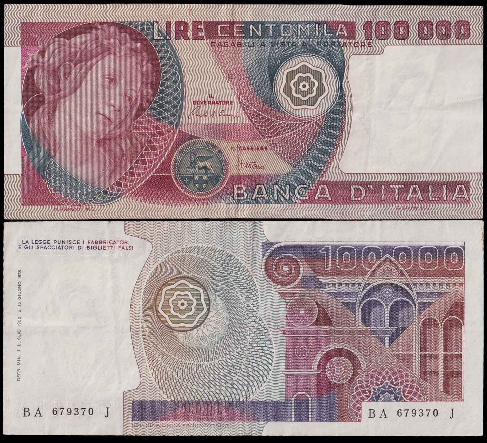 1980 - Lire 100.000 Busto Lire Botticelli BB+