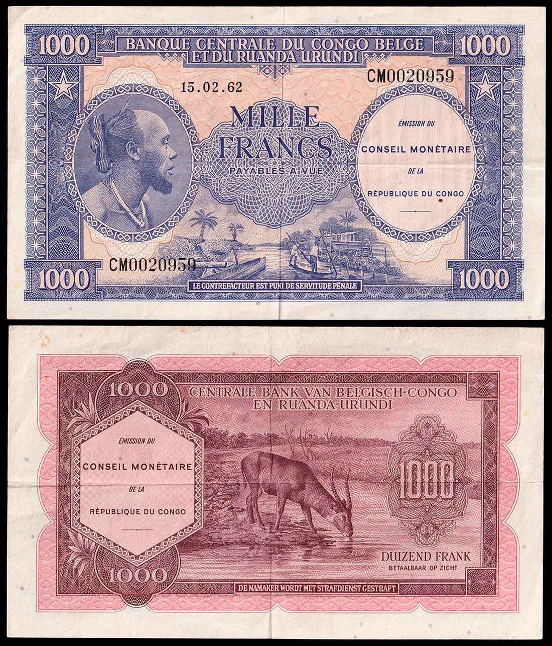 CONGO BELGA 1000 FRANCS 1962 BB+ Rara