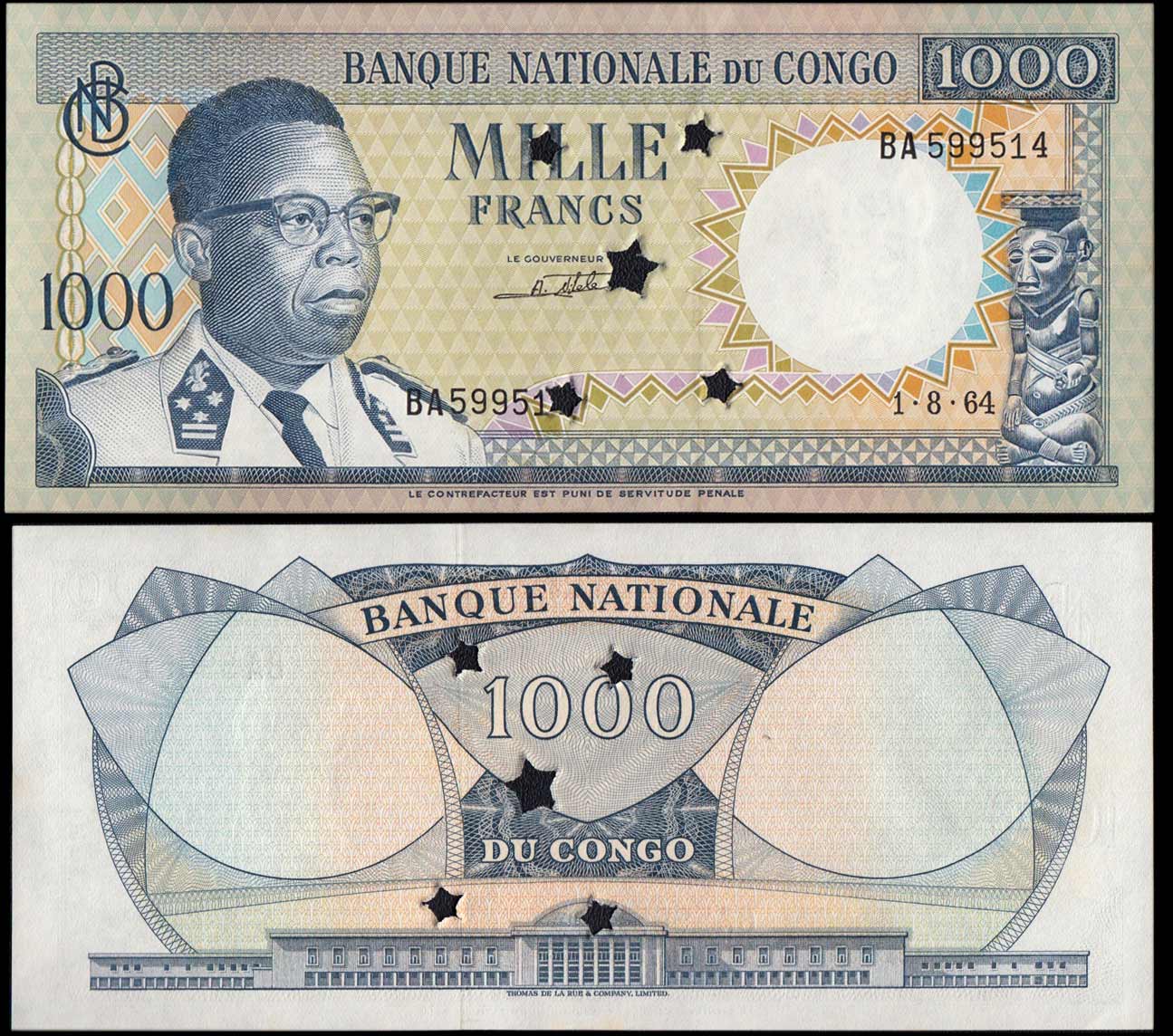 Congo Repubblica democratica 1000 Francs 1964 Obliterato Fds