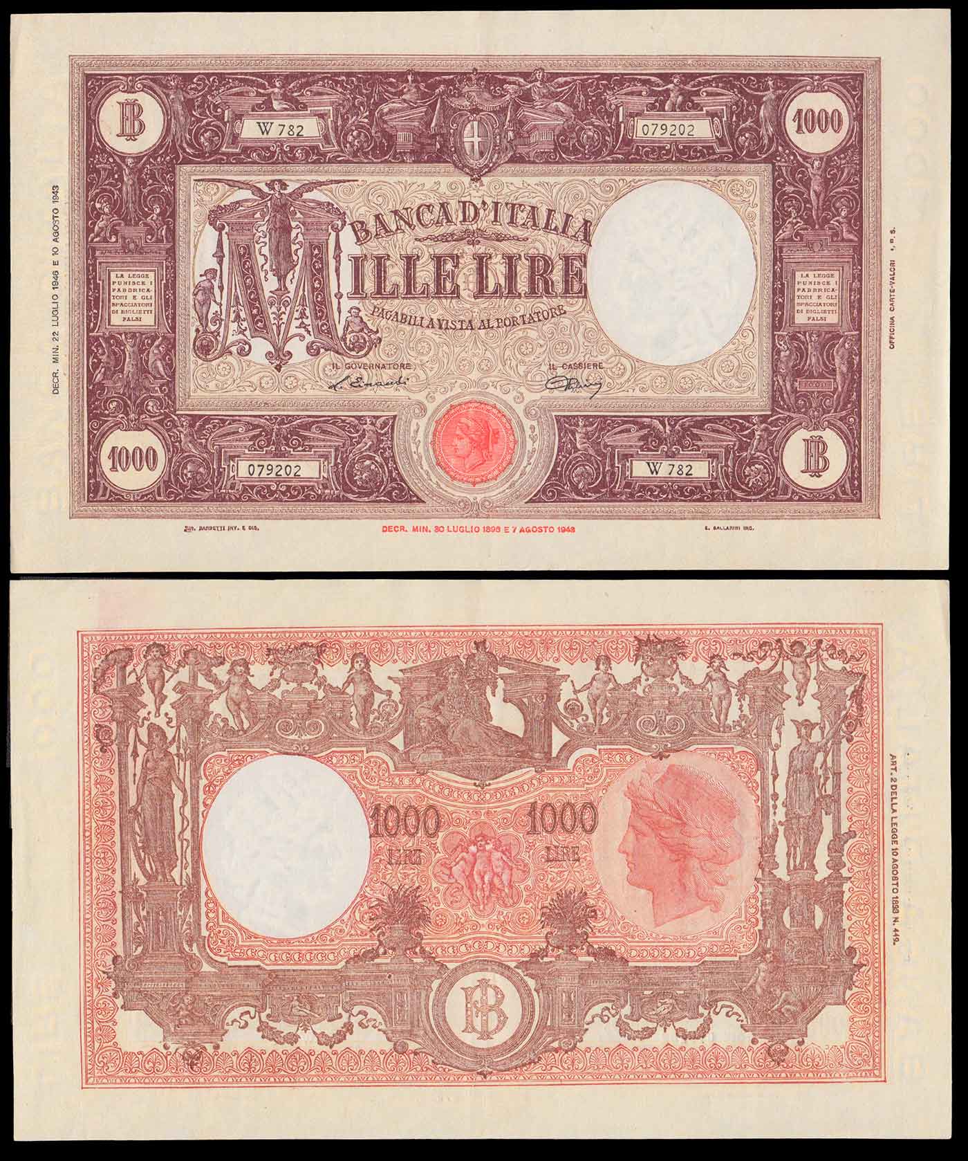 1946 - 1000 Lire Barbetti Grande M 22.07.1946 Superba+ N. Serie 079202