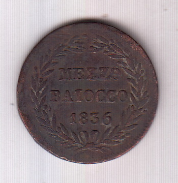 1836 GREGORIO XVI 1/2 Baiocco Rame