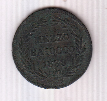 1838 GREGORIO XVI 1/2 Baiocco Rame