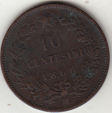 1866 - 10 Centesimi Zecca Milano Vittorio Emanuele II BB