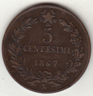 1867  5 Centesimi Zecca Napoli  Vittorio Emanuele II MB