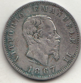 1867 - 1 Lira Stemma Zecca Milano Vittorio Emanuele II Argento MB