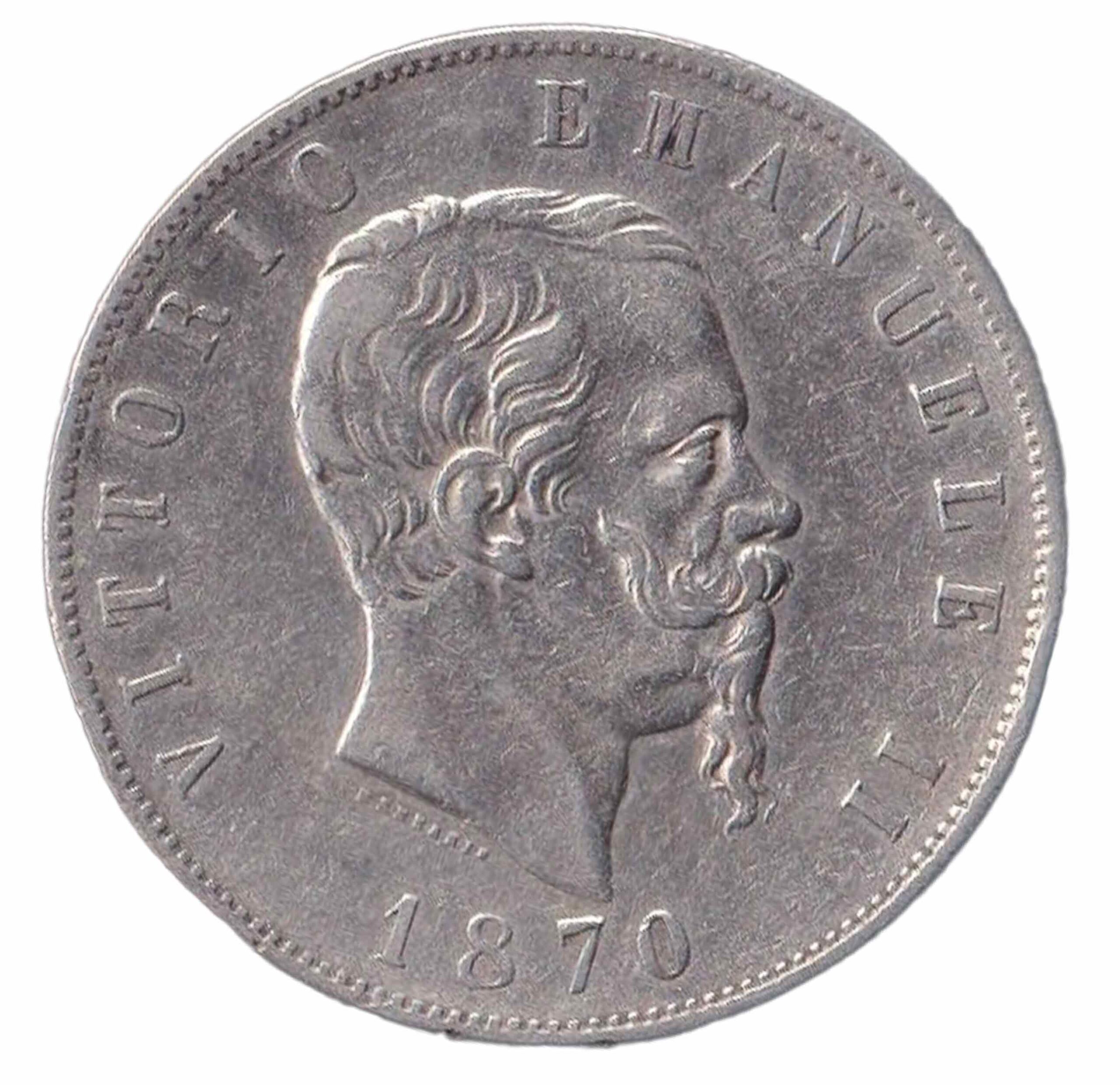 1870 Lire 5 Sigillato Zecca Milano Argento Vittorio Emanuele II BB