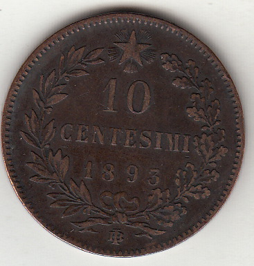 1893 - 10 Centesimi Rame Italia Umberto I Zecca Birmingam MB+