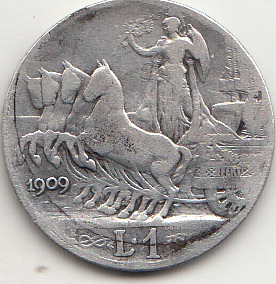 1909 1 Lira Quadriga Veloce Circolata Vittorio Emanuele III