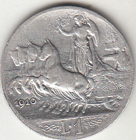 1910 1 Lira Quadriga Veloce Circolata Vittorio Emanuele III