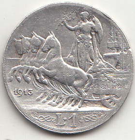 1913 1 Lira Quadriga Veloce Circolata Vittorio Emanuele III