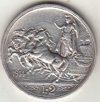 1914 2 Lire Quadriga Briosa BB+ Vittorio Emanuele III