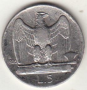 1926 5 Lire  Aquila Moneta  Argento Vittorio Emanuele III BB