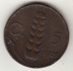 1927 5 Centesimi Spiga Circolata Vittorio Emanuele III