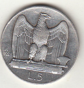 1928 5 Lire  Aquila Moneta  Argento Vittorio Emanuele III BB+