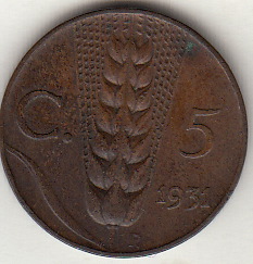 1931 5 Centesimi Spiga Circolata Vittorio Emanuele III