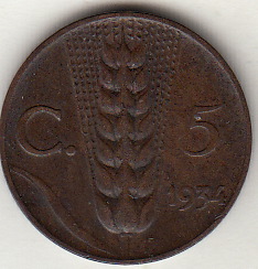 1934 5 Centesimi Spiga Circolata Vittorio Emanuele III