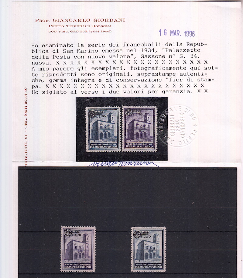 1934  Inaugurazione Palazzetto della Posta 2 Valori Soprastampati Certificato Giordani Non Linguellati Ss 184-5