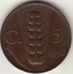 1936 5 Centesimi Spiga Circolata Vittorio Emanuele III