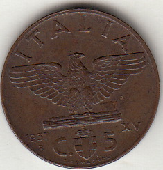 1937 5 Centesimi Impero Rame Vittorio Emanuele III BB