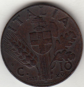 1937 10 Centesimi Impero Rame Italia Vittorio Emanuele III