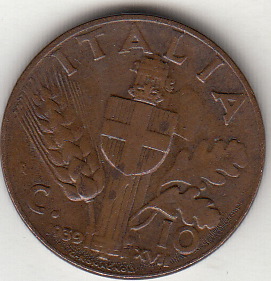 1939 10 Centesimi Impero Rame Italia Vittorio Emanuele III