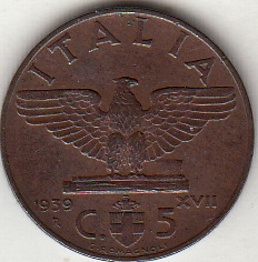 1939  5 Centesimi Impero Rame Vittorio Emanuele III