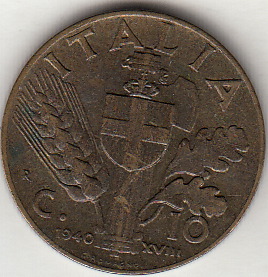 1940 10 Centesimi Impero bronzo Italia Vittorio Emanuele III Alta Qualità