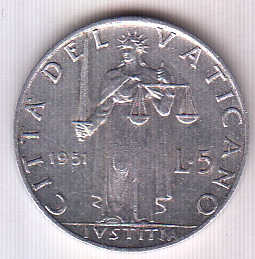 1951 5 Lire  Anno XIII Pio XII