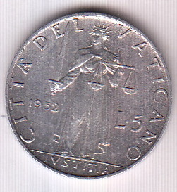 1952 5 Lire  Anno XIV Pio XII