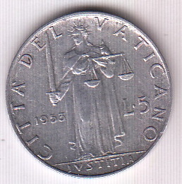 1953 5 Lire  Anno XV Pio XII