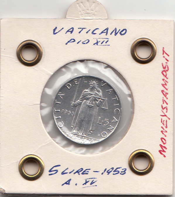 1953 5 Lire  Anno XV Pio XII