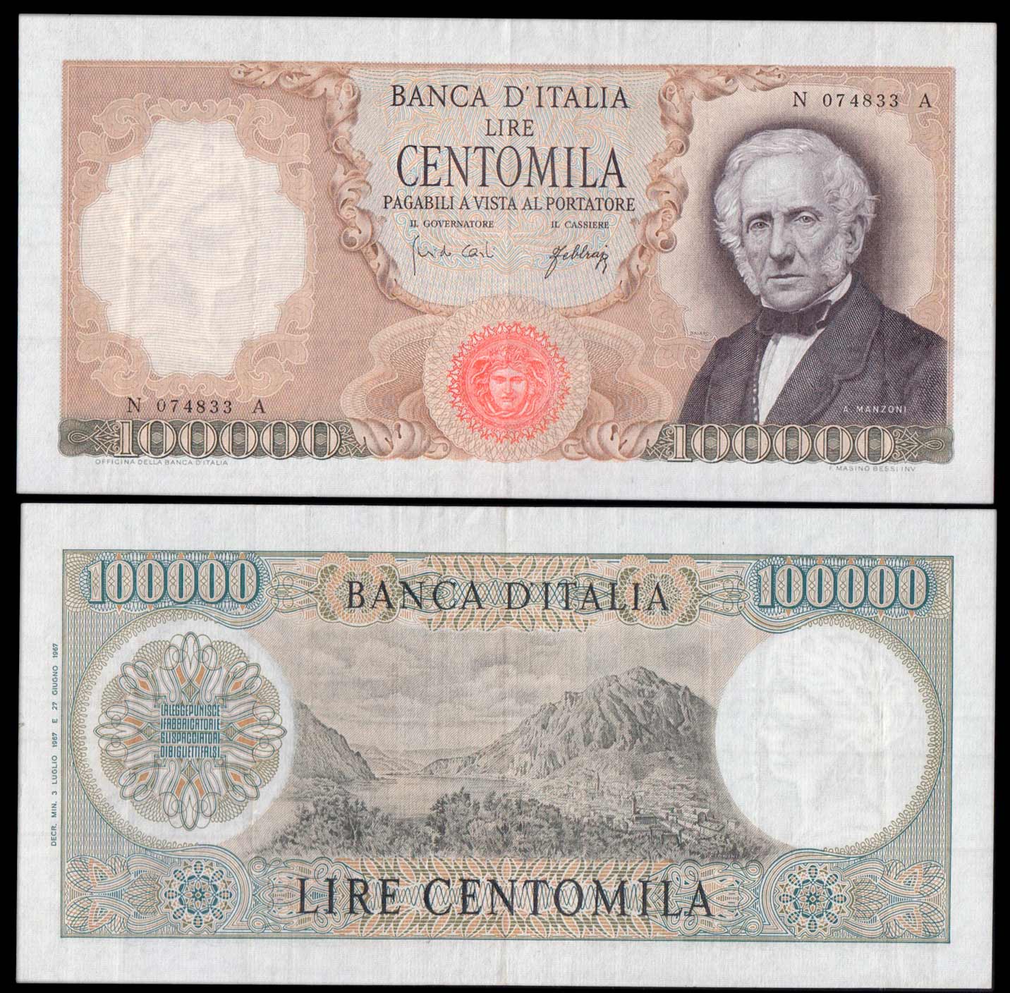 1967 - Lire 100.000 Alessandro Manzoni D.M.  03-07-1967 R2 Q/Spl