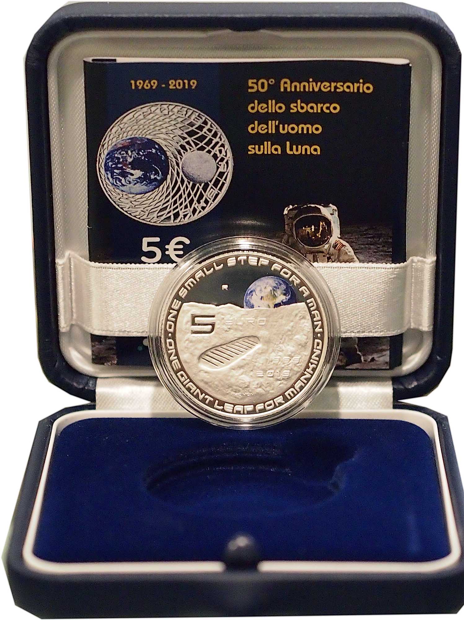 2019 - ITALIA 5 Euro Argento Fondo Specchio Sbarco sulla Luna