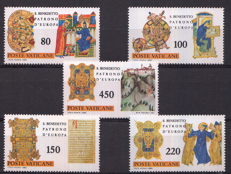 1980 Vaticano 15° Centenario Nascita San Benedetto serie 5 Valori Sassone 671-5