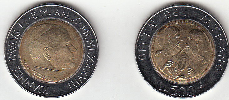 1988 Lire 500 Bimetallica Anno X Fior di Conio Giovanni Paolo II