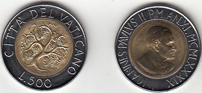 1989 Lire 500 Bimetallica Anno XI Fior di Conio Giovanni Paolo II