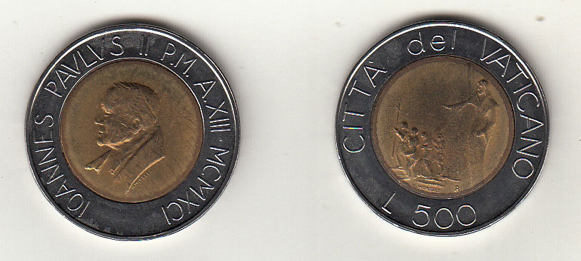 1991 Lire 500 Bimetallica Anno XIII Fior di Conio Giovanni Paolo II