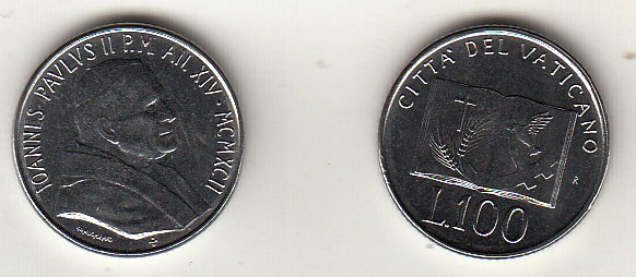 1992 Lire 100 Anno XIV Fior di Conio Giovanni Paolo II