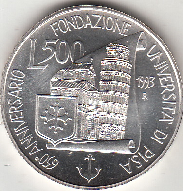 1993 - Lire  500 650° Università di Pisa Moneta di Zecca Italia