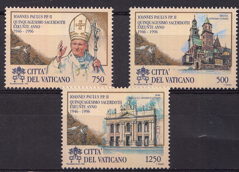 1996 Vaticano 50° Ann.rio Sacerdozio Giovanni Paolo II 3 Valori Sassone 1053-5