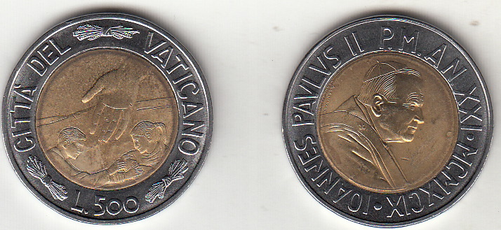 1999 Lire 500 Bimetallica Anno XXI Fior di Conio Giovanni Paolo II