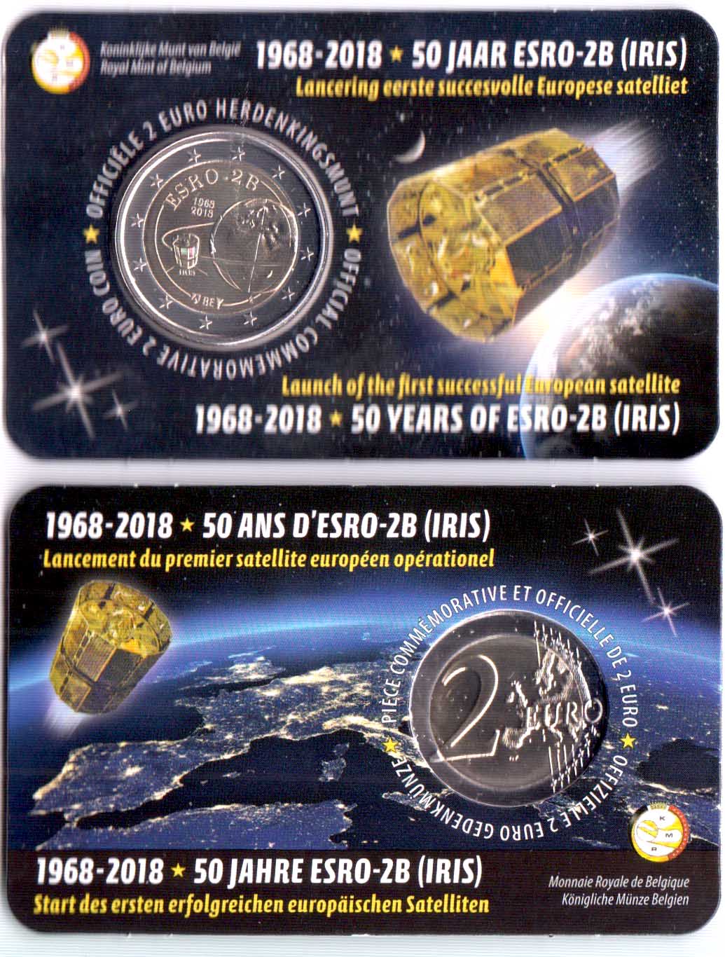 2018 - 2 Euro BELGIO "50º Lancio Satellite ESRO-2B" Scritta Olandese Coincard