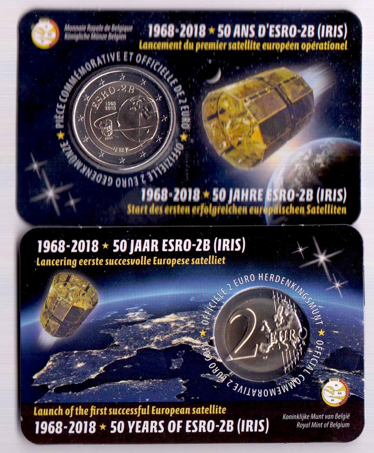 2018 -  2 Euro BELGIO 50º Lancio Satellite ESRO-2B Scritta Francese Coincard