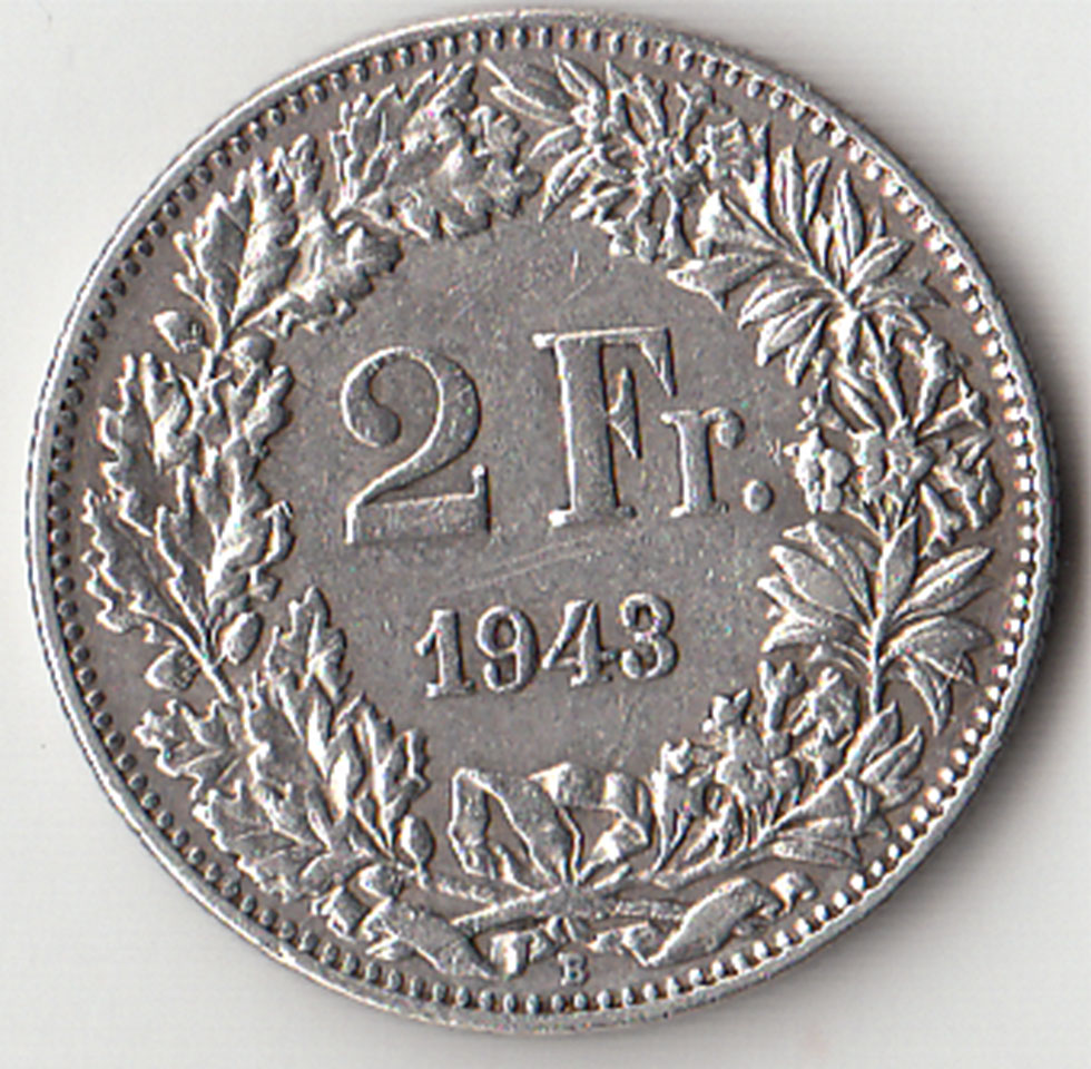 1943 - 2 Francs Silver Switzerland Standing Helvetia Spl+