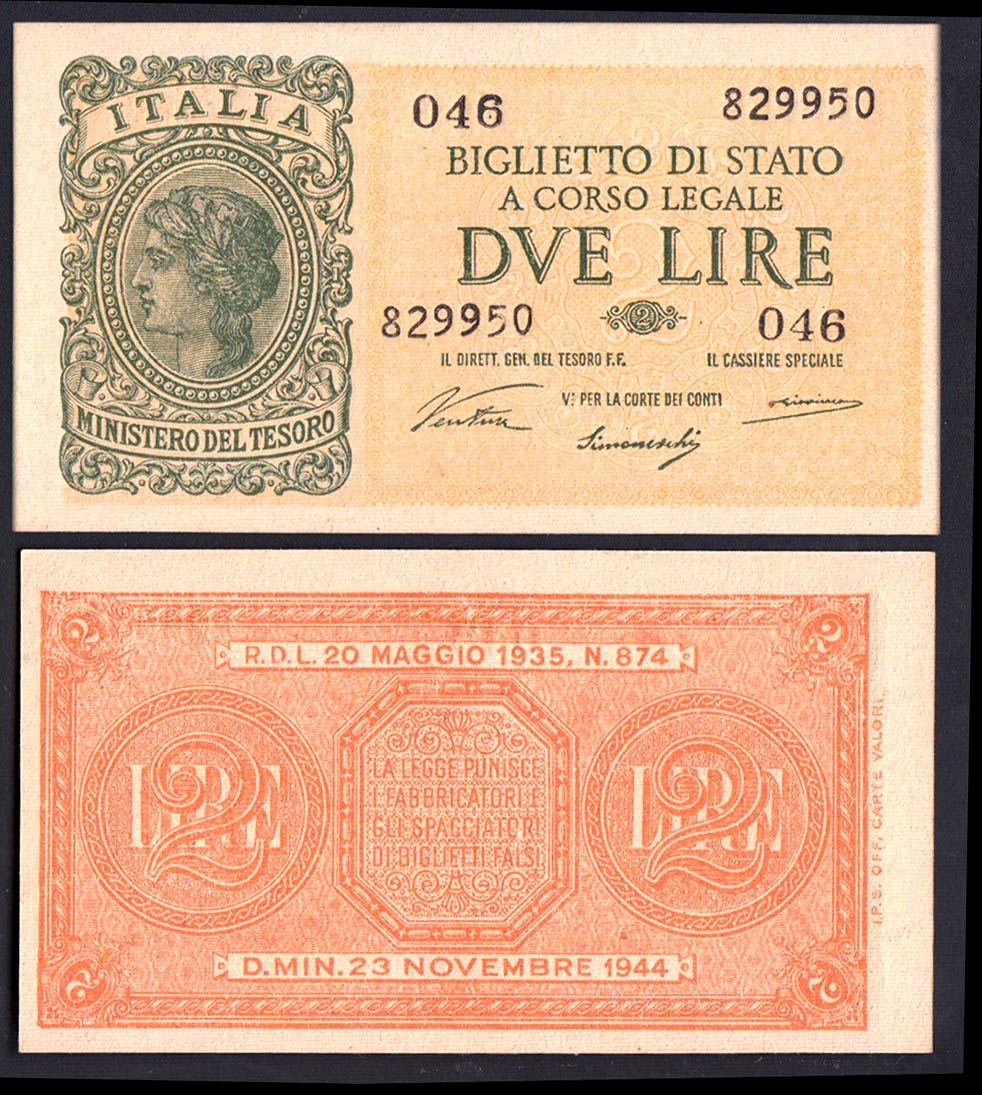 1944 - 2 Lire Luogotenenza Ventura/Simoneschi/Giovinco Fds