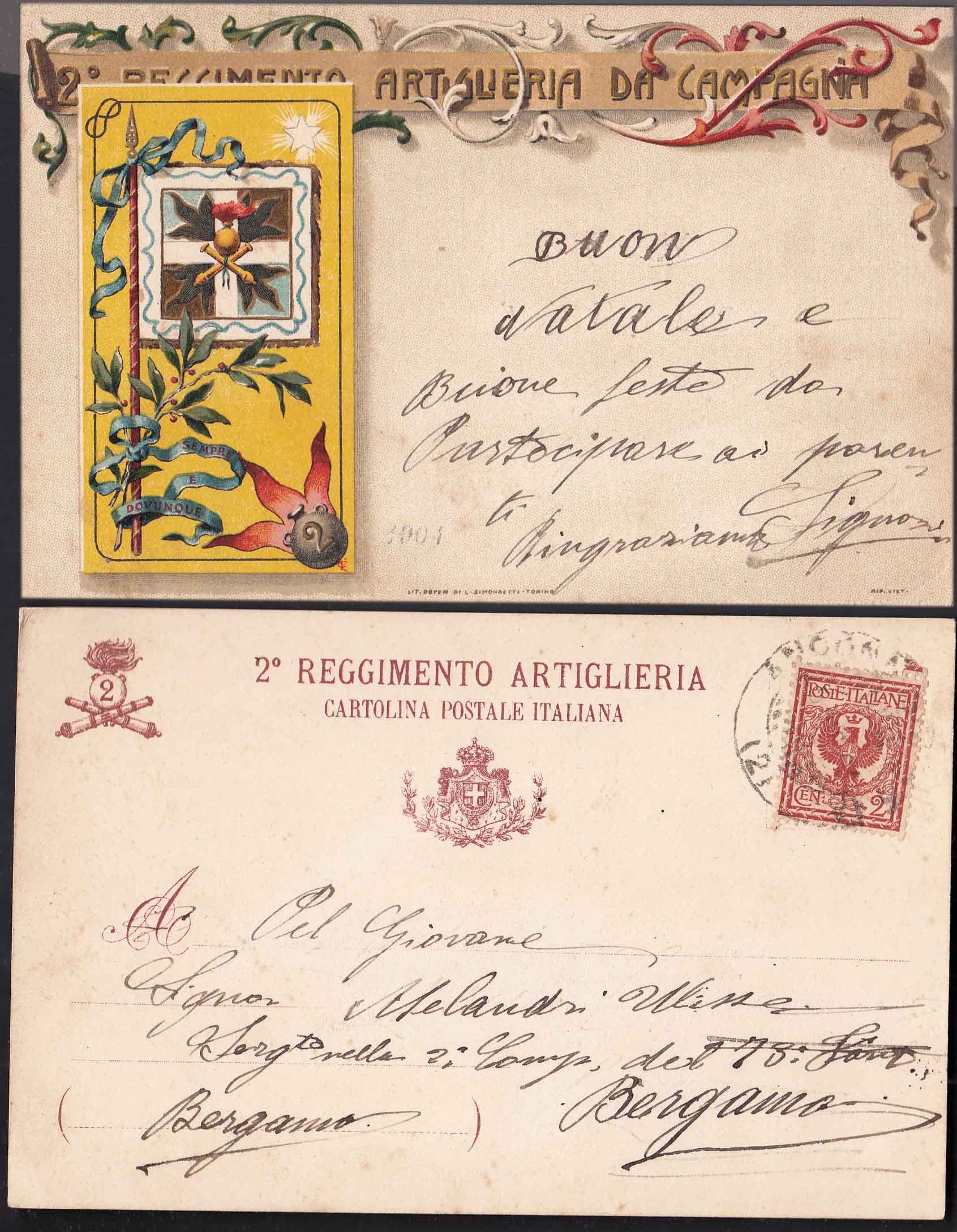 Cartolina - 2° Reggimento Artiglieria da campagna Viaggiata Inizi del 1910